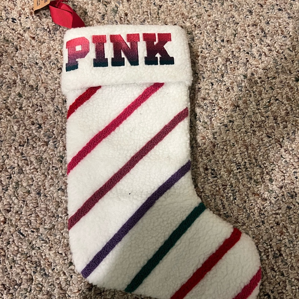 Victoria's Secret Pink Holiday Stocking - White with Red, Purple, Green Stripes